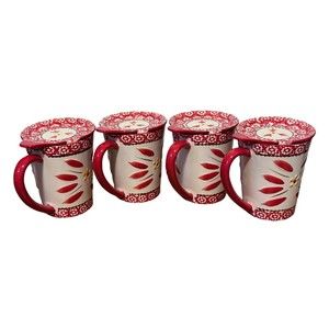 Temptations Lid Saucer Mug Cup 14 oz Old World Cranberry Red Set of 4 - 8 Pieces